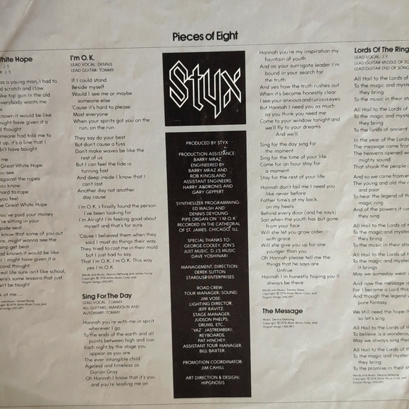 Vintage STYX PIECES OF EIGHT Vinyl LP Record Album - Picture 6 of 11